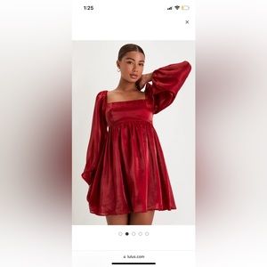 Lulus Brand, Wine Red Organza Long Sleeve Babydoll Mini Dress. Size Medium! New.